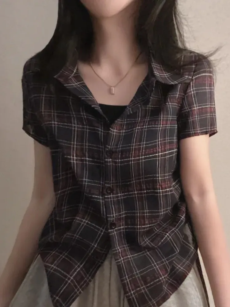 Chic Summer Vintage Versatile Colletto rovesciato Bottone piccolo Design raccolto lateralmente ort Plaid irt Top da donna Pendolarismo Sle