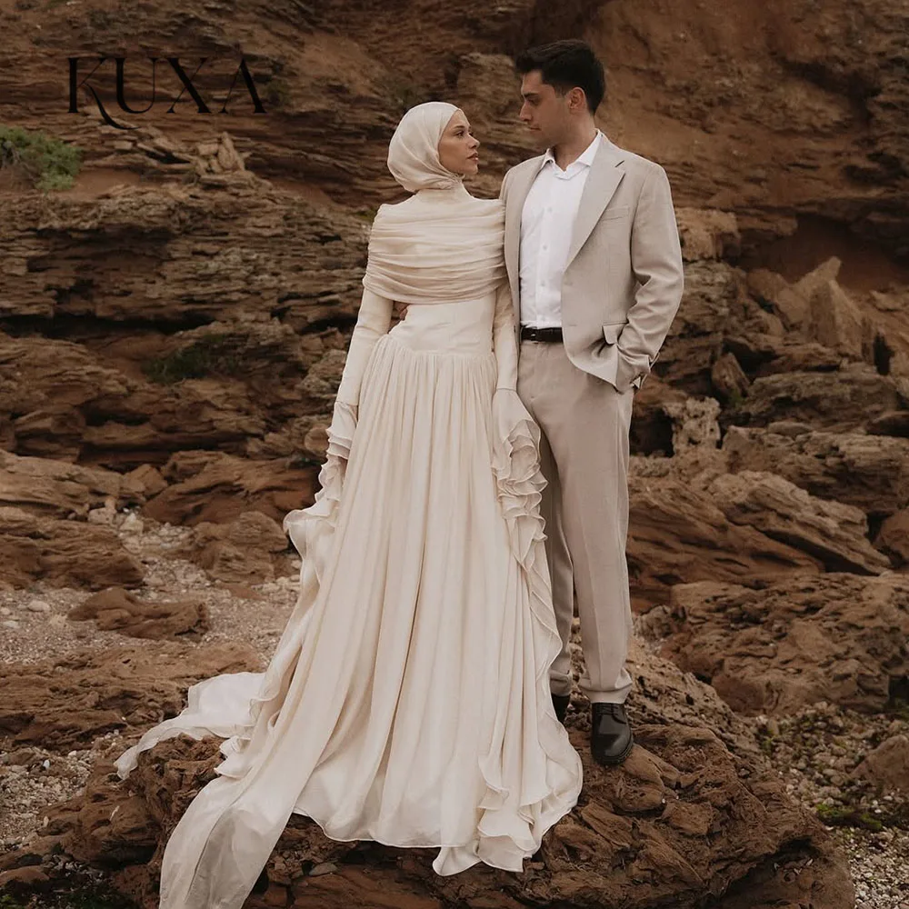 KUXA Maßgeschneidertes muslimisches Brautkleid im modernen Saudi-Kuwait-Stil, Stehkragen, bodenlang, lange Ärmel, Brautkleid, lange Kleider