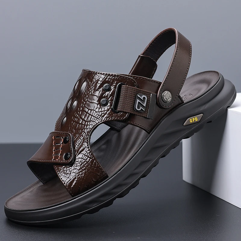 Men's Casual Sandals with Crocodile Texture Upper and Adjustable Buckle Straps for Summer Outdoor Wear