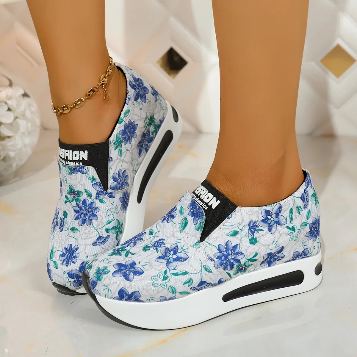 New Arrival Women Floral Canvas Platform Loafers Slip‑on Wedge Sneakers Round Toe Non‑Slip Casual Daily Shoes Plus Size - view 5