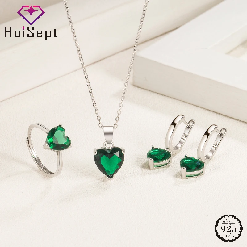 

HuiSept Trendy 925 Silver Jewelry Set Earrings Ring Pendant Necklace Heart Shape Zircon Accessories for Women Wedding Party Gift