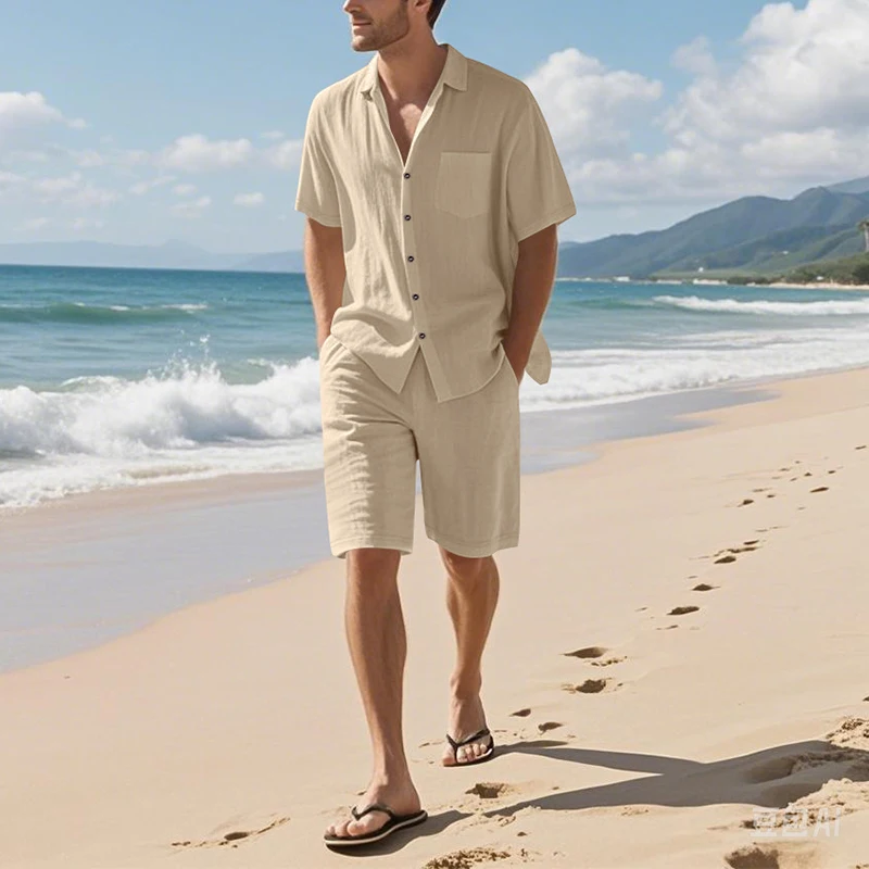 Vacation Seaside Beach Casual Linen Sets Men Leisure Loose Two Piece Suits Mens Fashionable Short Sleeve Shirt And Shorts Outfit