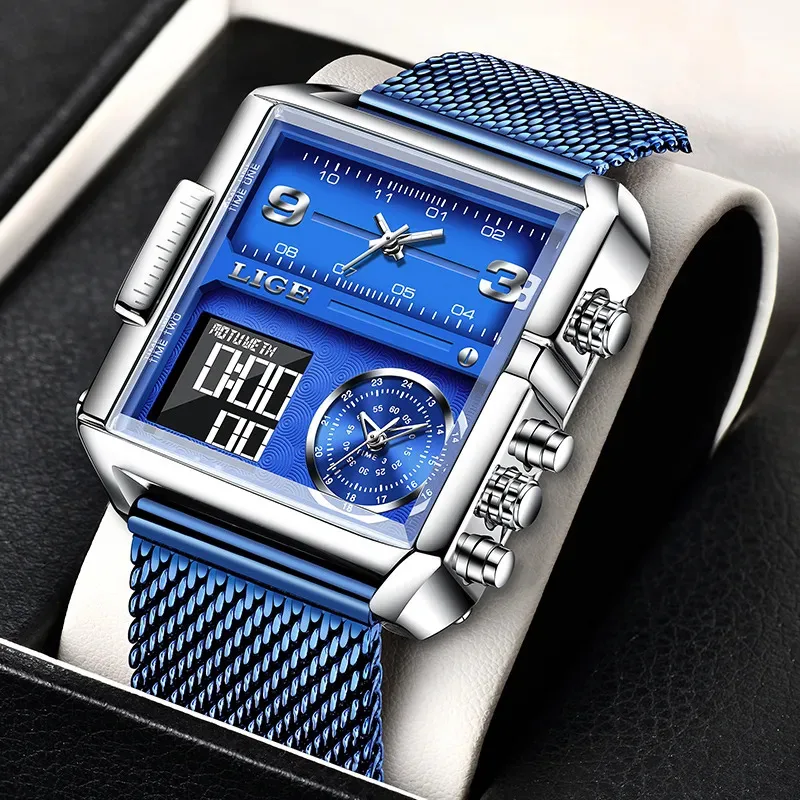 LIGE Fashion Casual Electronic Man Watch Dual Digital Display Men's Watches Sport Waterproof Military Luminous Date Chronograph