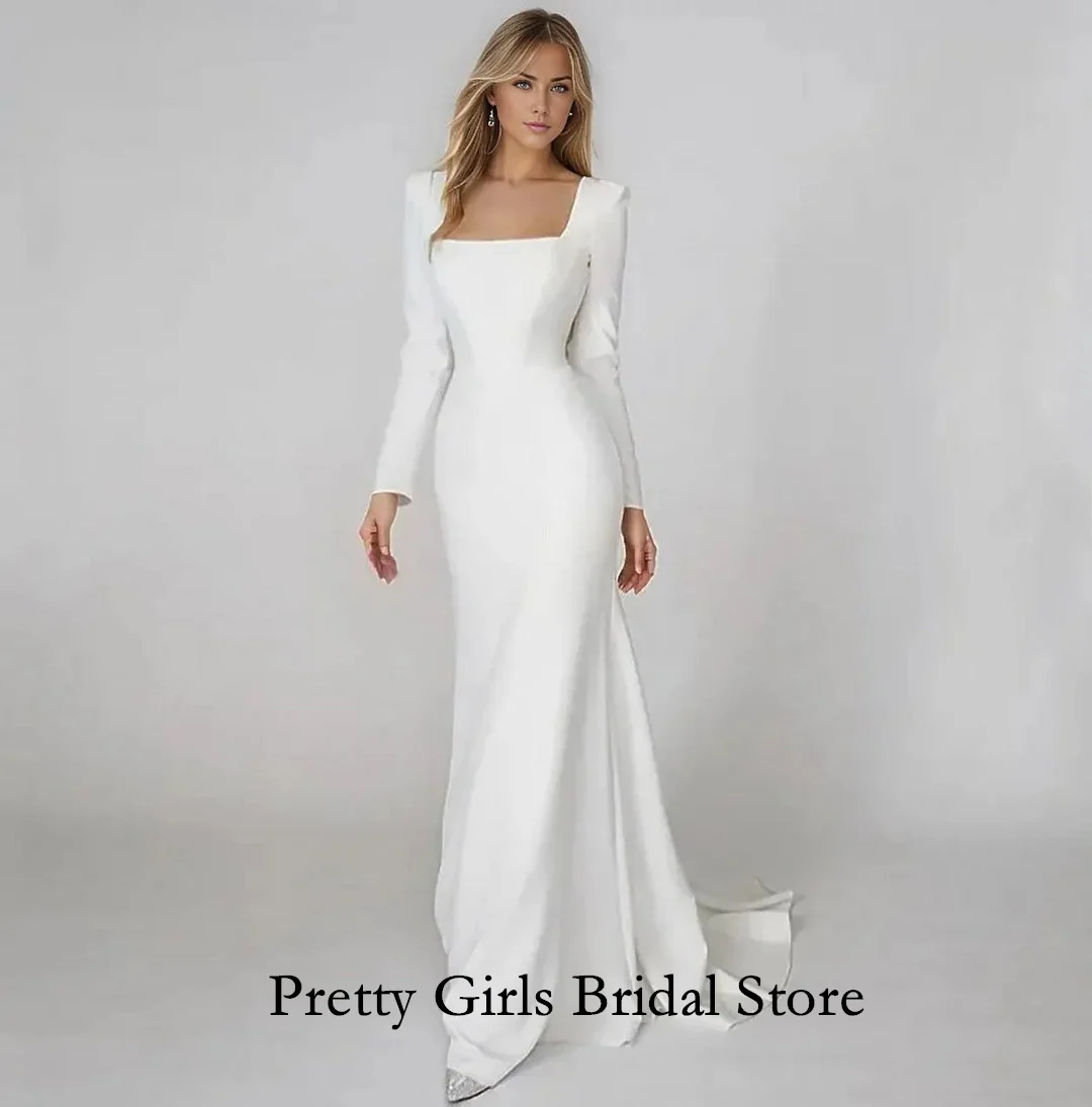 

Morden Style Square Neck Simple Sweep Train Wedding Dresses With Long Sleeves Crepe Satin White Bride Growns Party Women