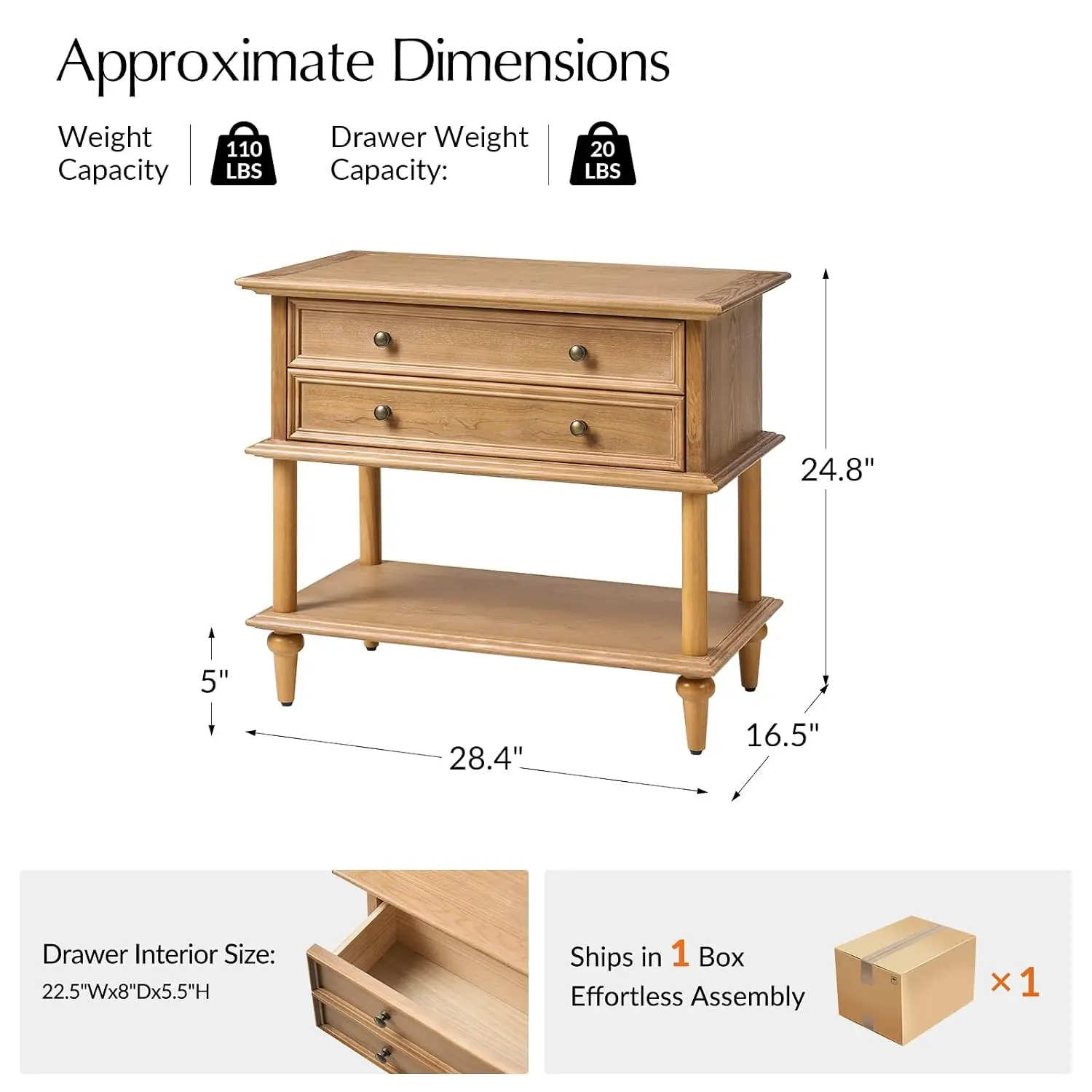 Farmhouse Nightstand with Drawer & Open Shelf, Natural Wood End Table with Solid Wood Legs, 28.4'' Wide Sofa Side Table, Custom