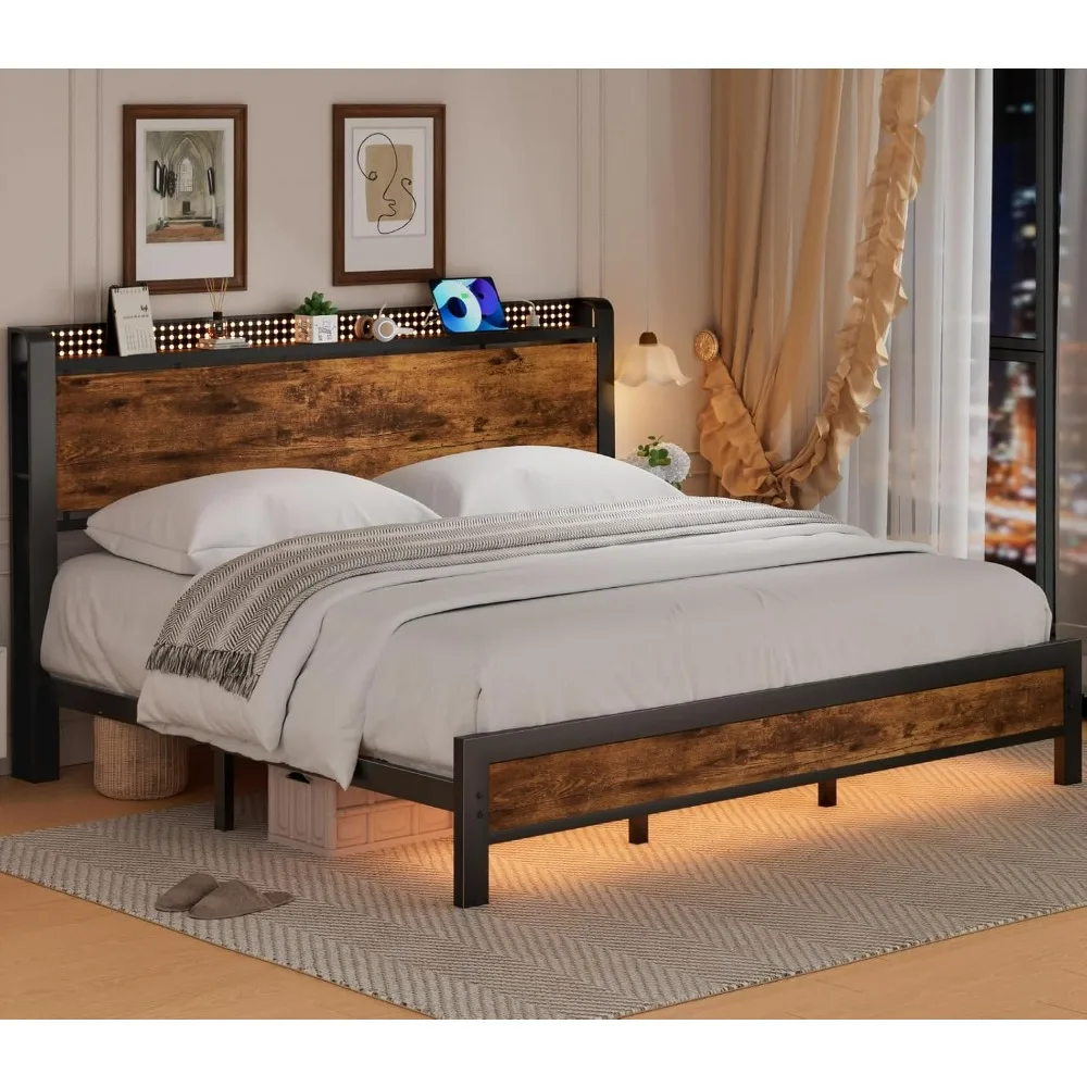 King Size Bed Frame, with LED Light, Industrial Storage Shelf Headboard with Power Outlet and USB Port, Bedroom Furniture Bed