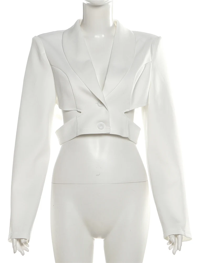 Kliou Office Style Crop Jacket Woman Autumn Trend Low-Neck Single-Breasted Hollow Waistless Full Sleeve Fashion Elegant Coats