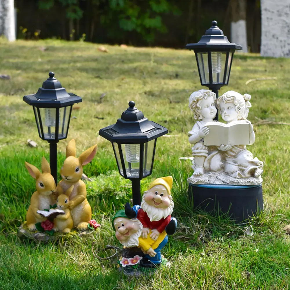 Solar Powered Cute Figurine Light Resin Hexagonal Decorative Lamp Animal/Child/Gnome Hexagonal Night Light for Garden Yard Decor