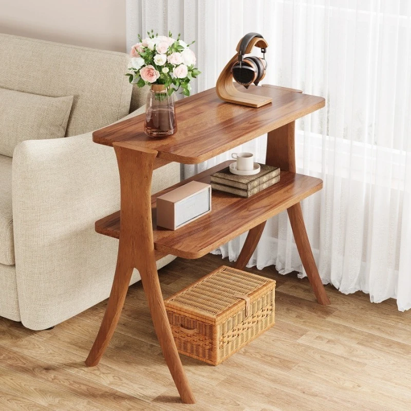 Walnut living room side table, narrow side table with two layers of storage racks and solid wood legs, slim bedside table
