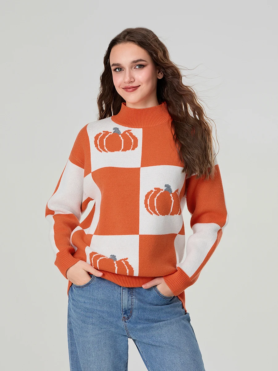 wsevypo Autumn Winter Halloween Pumpkin Sweater Women's Loose Checkerboard Mock Neck Long Sleeve Pullover Knit Tops Jumpers