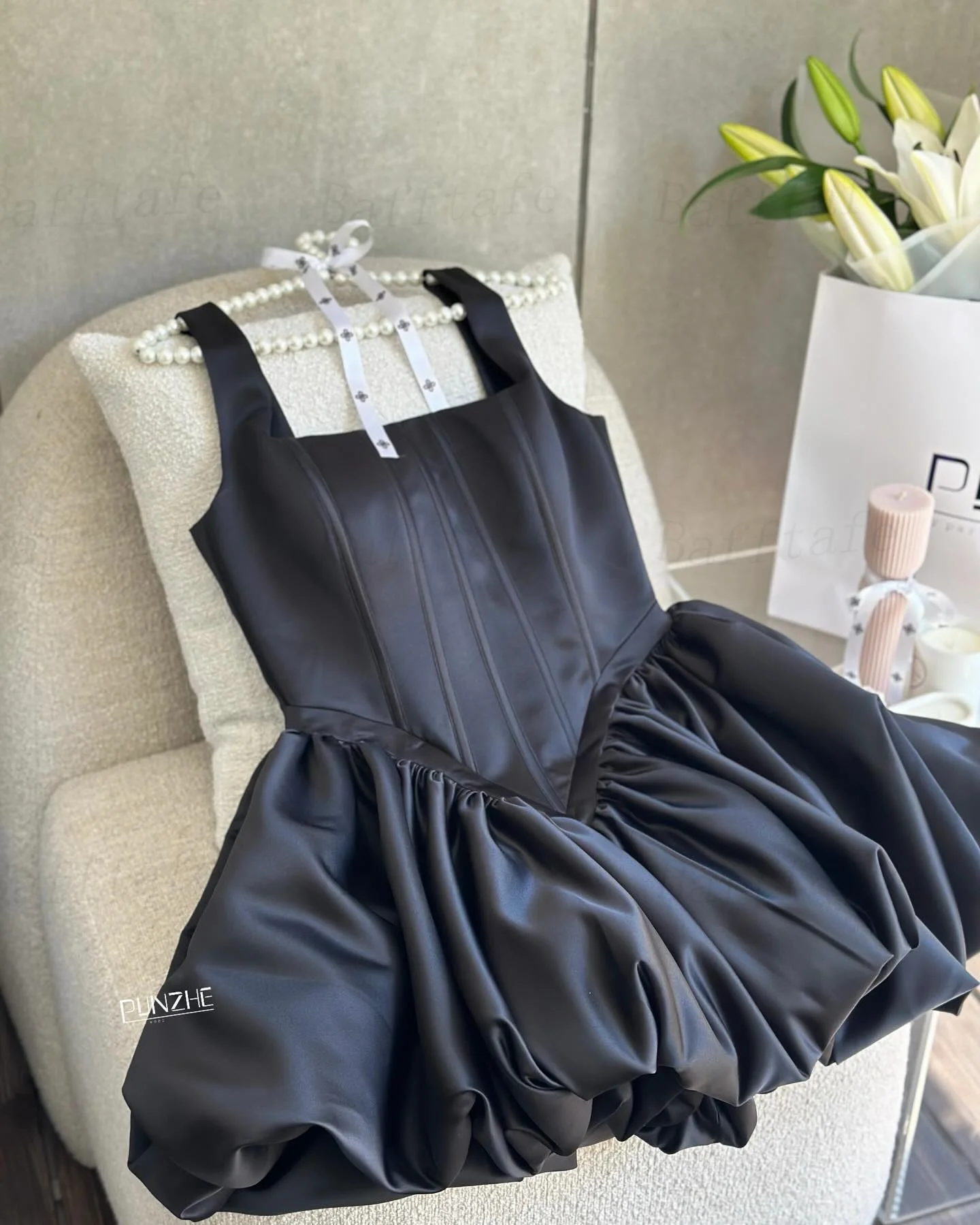 Bafftafe Black A Line Satin Prom Dresses Square Collar Low Waist Bones Special Occasion Party Gown Homecoming Dress Customized