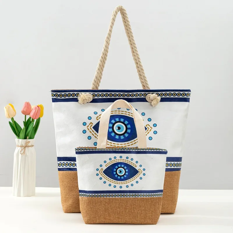 

1pc Large-capacity Evil Eye Graphic Beach Bag Vacation Canvas Cotton Shopping Handbag 2-piece Set Polyester Gift Daily Outfits