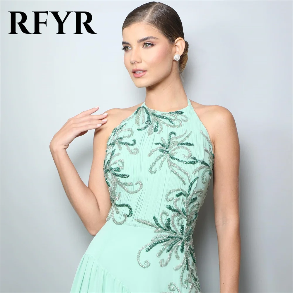 RFYR O Neck Beach Mint Green Evening Dresses Embroidery Charming Prom Dress Appliques Lace Party Dresses vestidos de noche