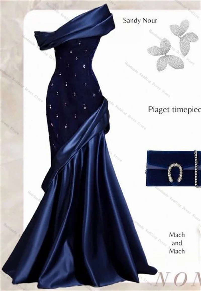 Abito da ballo in raso di velluto blu navy Abito da sera da sposa sexy a sirena con una spalla in cristallo Abito lungo da chiesa con lacci sul retro personalizzato