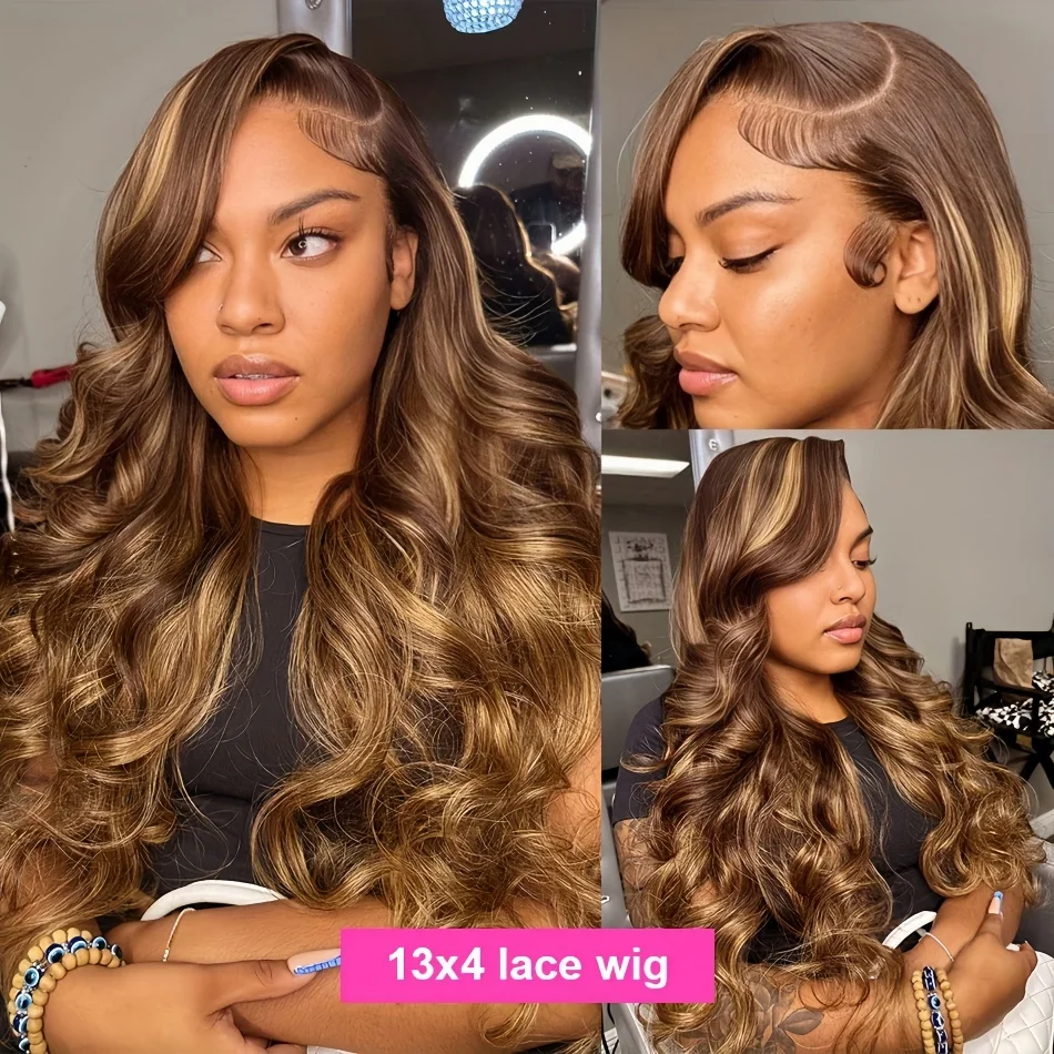 Perruque Lace Front Wig naturelle Body Wave à reflets, 13x6 hd, pre-plucked, P4/27, couleur Blonde et brune, pour femmes