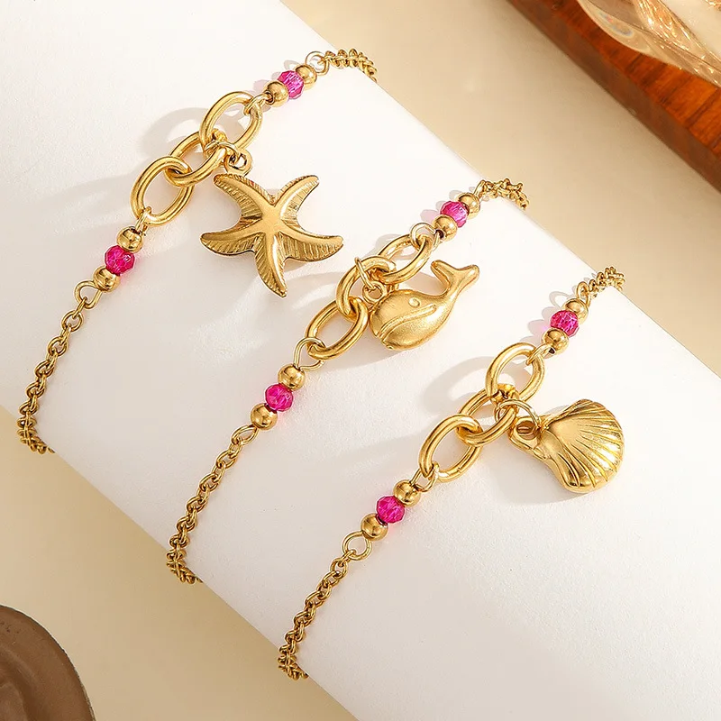 

Ocean-Style Pendant Bracelet - Multi-Element Rope Chain, Adjustable Stainless Steel Gold-Plated, Fade-Resistant Women's Jewelry