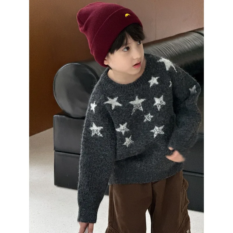 New Autumn Spring Clothing for Boys Girls Fashionable Color Blocking Star Pullover Thick Knit Warm Soft and Sticky Sweater