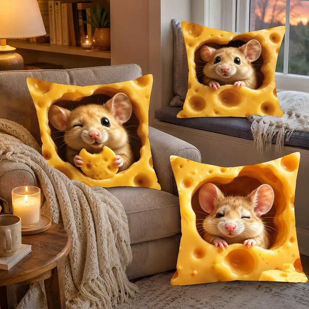 Cute Mouse in Cheese Cushion Cover Warm Cozy Plush Pillowcase Double Side Cushion Cover Sofa Home Decor Gift