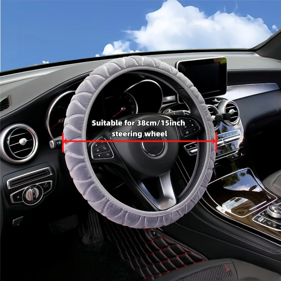 Short Plush Car Steering Wheel Cover Elastic No Inner Ring Arc Texture Simple Fashion Suitable for 37.5-38cm Diameter Cars SUVs