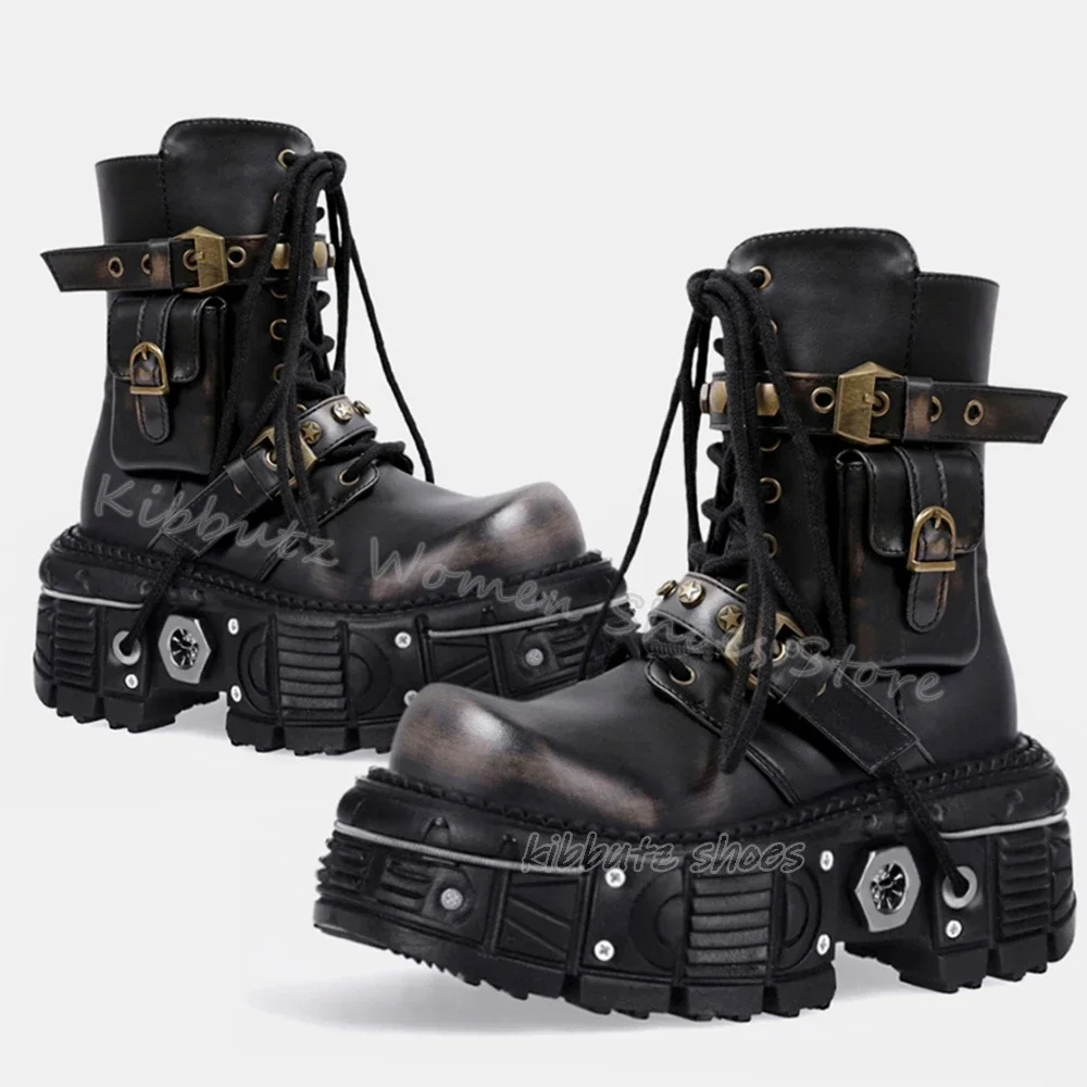 

Ankle Boots Luxury Leather Belt Buckles Lace-Up Thick Bottom Vintage Round Toe Fashion Concise Sexy Elegant Novelty Women Shoes