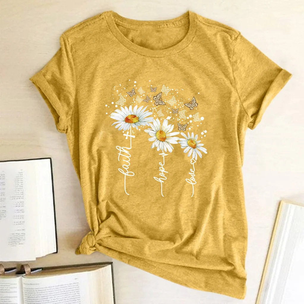 Womens Casual  tops Short Sleeve Tunic Tops Funny Letter Sunflower Print Loose Fit Graphic Tee T Shirts ropa mujer juvenil