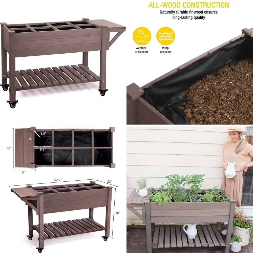 

Raised Garden Bed 52.7x22x30in, Outdoor Elevated Wood Planter Box with Wheels, Includes Liner, 230 Gallons