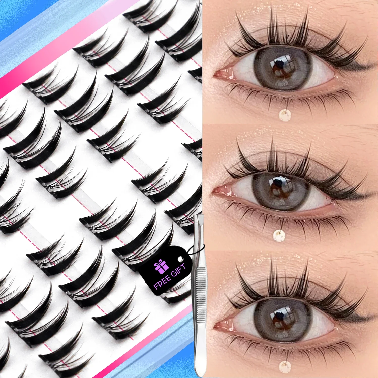 GROINNEYA Kleberfreie Cluster-Wimpern, selbstklebend, kein Entfernen erforderlich, wiederverwendbar, natürliches Manga-Wimpern-Make-up