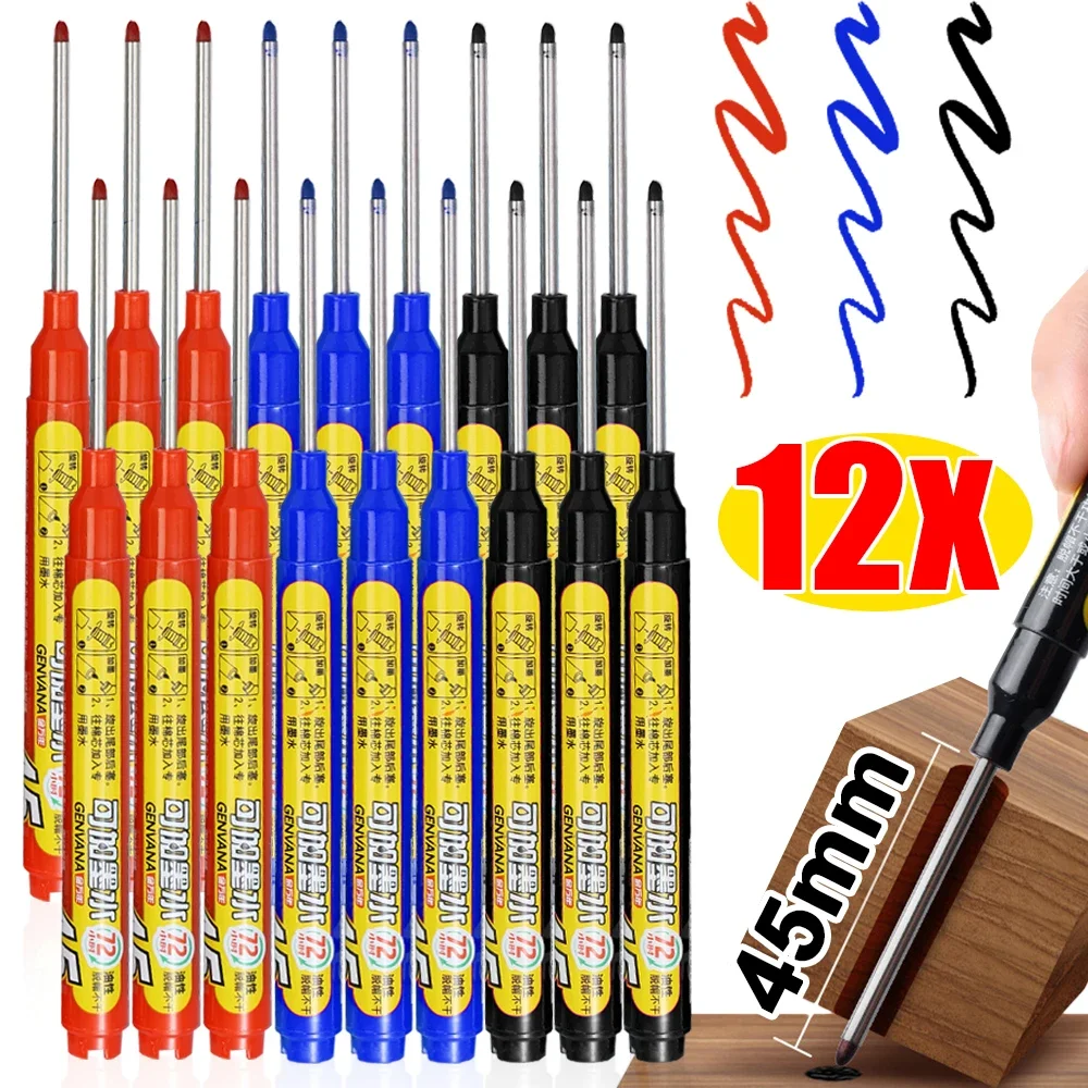 1-12Pcs Multi-purpose Deep Hole Marker Pens Waterproof 45mm Long Nib Head Carpenter Pen for Bathroom Woodworking Decoration