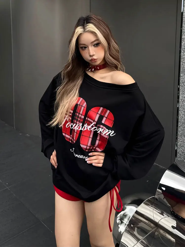 Y2k Sport décontracté surdimensionné t-shirt femmes à manches longues hors épaule haut dos école Vintage t-shirts de base automne hiver nouveau