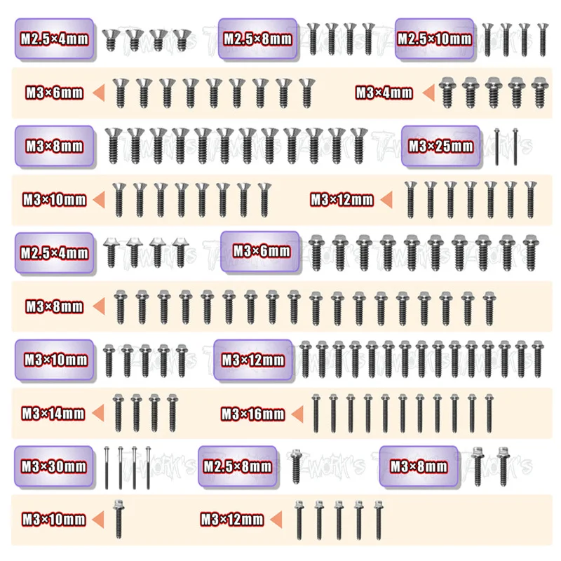 

Original T works TSSU-CATL1EVO 64 Titanium Screw set ( UFO Head ) 135pcs.(For Schumacher CAT L1 EVO)ssional Rc part