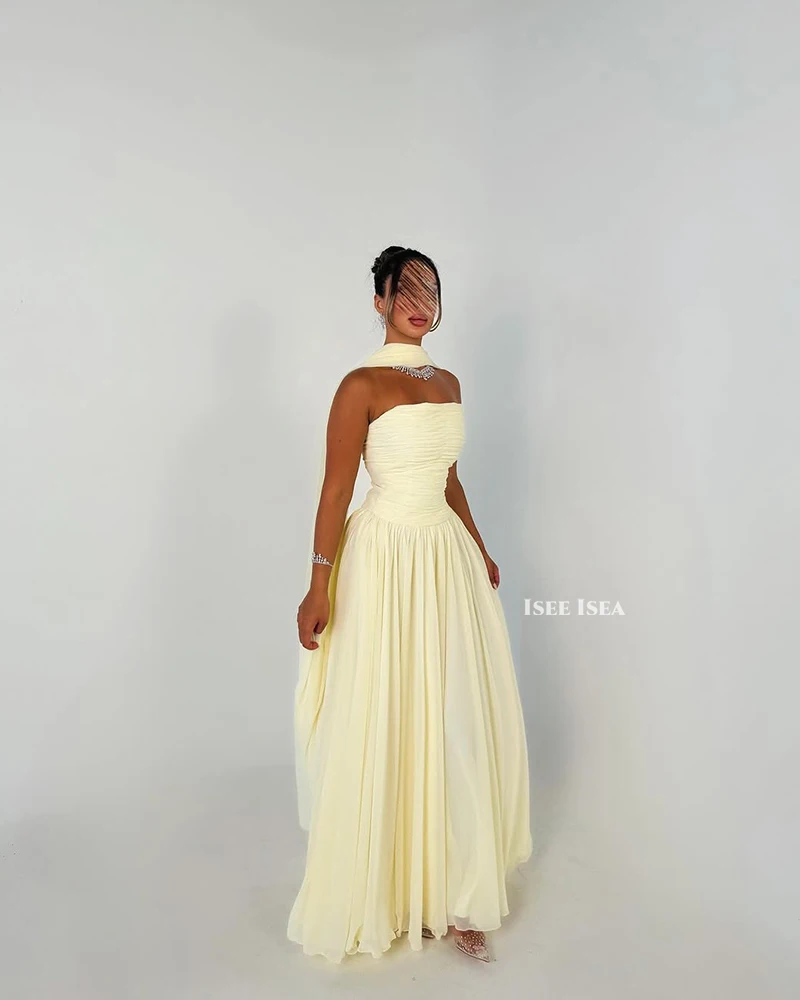 Luz amarela vestidos de noite chiffon halter pescoço sem alças ocasião formal festa vestidos de noite feminino brithday wear personalizado