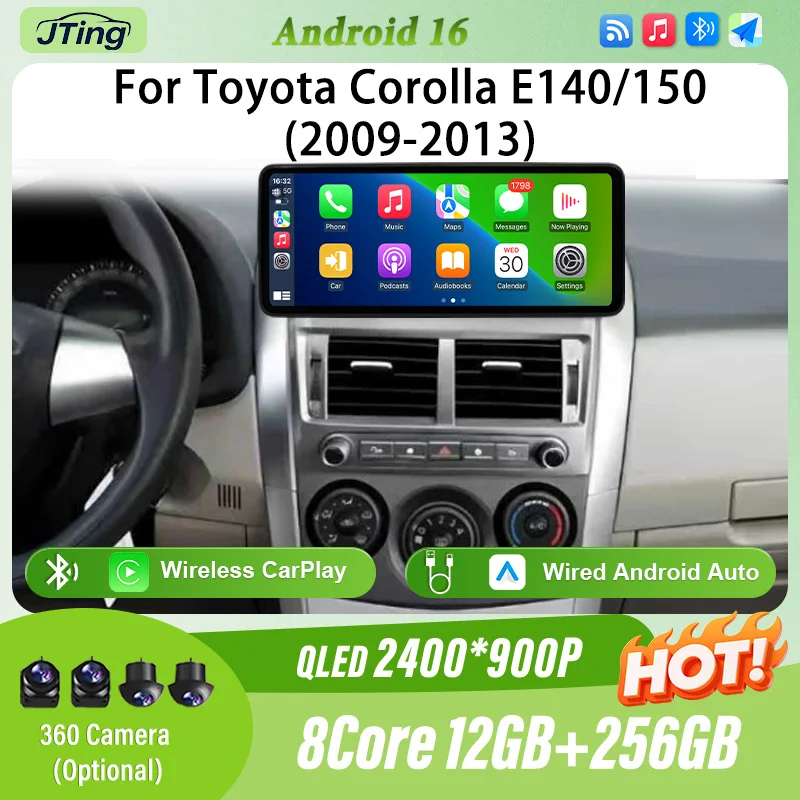 12.3 inch for Toyota Corolla E140/150 2009-2013 Car Radio GPS Navi CarPlay Android Auto 4G WiFi BT DSP Android 16 QLED IPS Touch