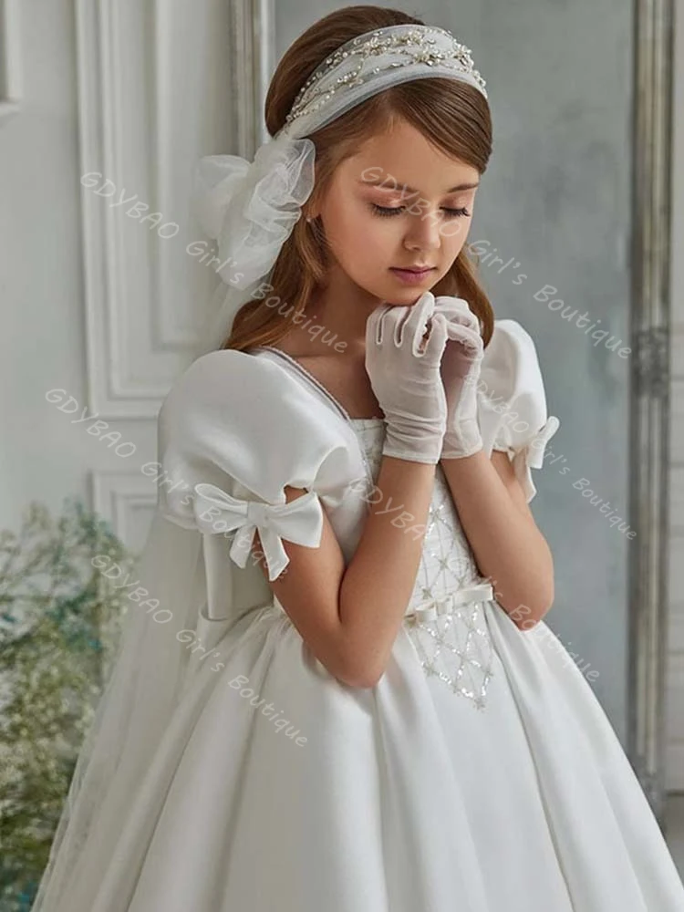 Платье с цветочным узором для девочек на свадьбу 2–14 лет, детское платье с квадратным вырезом и открытой спиной, длинное праздничное платье с бантом и шлейфом