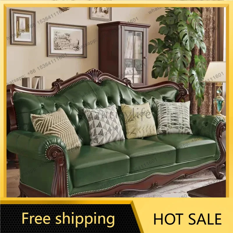 LJY Green Wooden European Sofa Corner Brown Comfortable Large European Sofa Vintage Side Tables Fotele Do Salonu Home Furniture