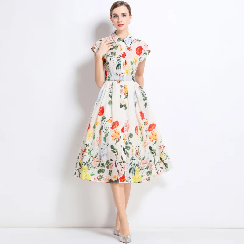 Summer 2025  Collar Printed ort Sve Midi Dr High Waist Thi Material Women's Faion  Ne irt Dr