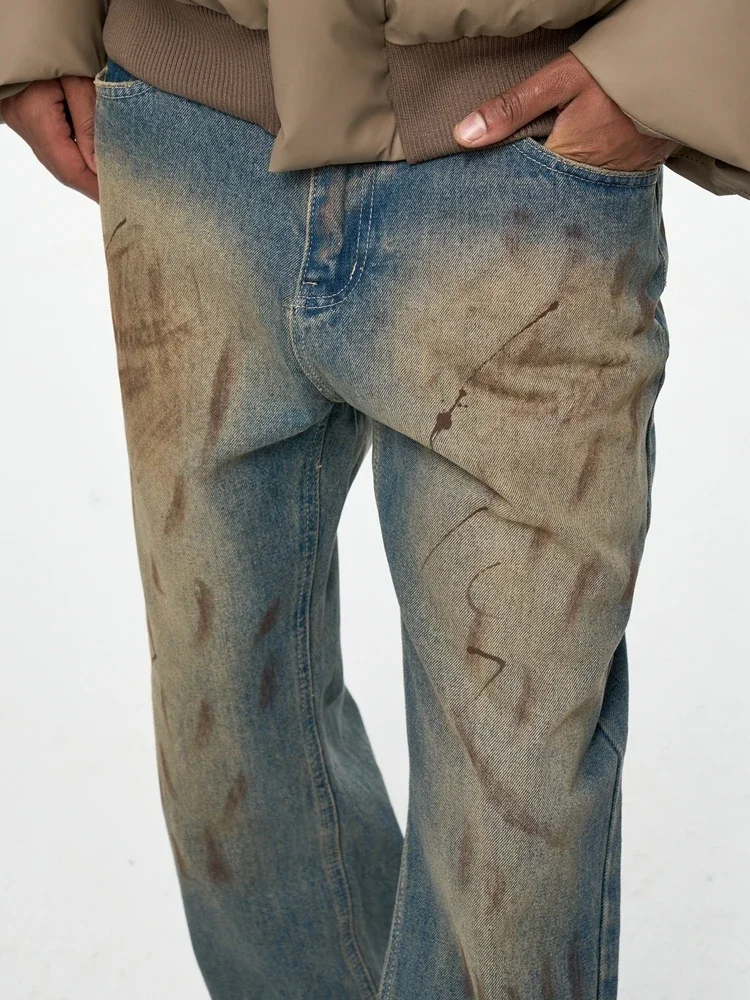 Tung Sung Retro Washed Mud Dyed Wasteland Style Jeans for Men Y2k Hombre Distressed Dirty Jeans Unisex