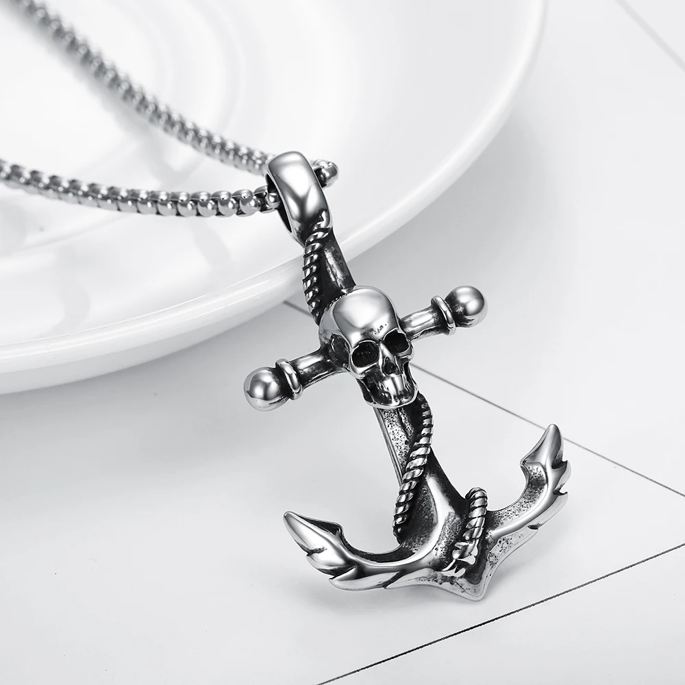 Skull Anchor Pendant Necklace Charms Men Women Stainless Steel Pendant Punk Hip Hop Unique for Male Boy Fashion Jewelry Gift