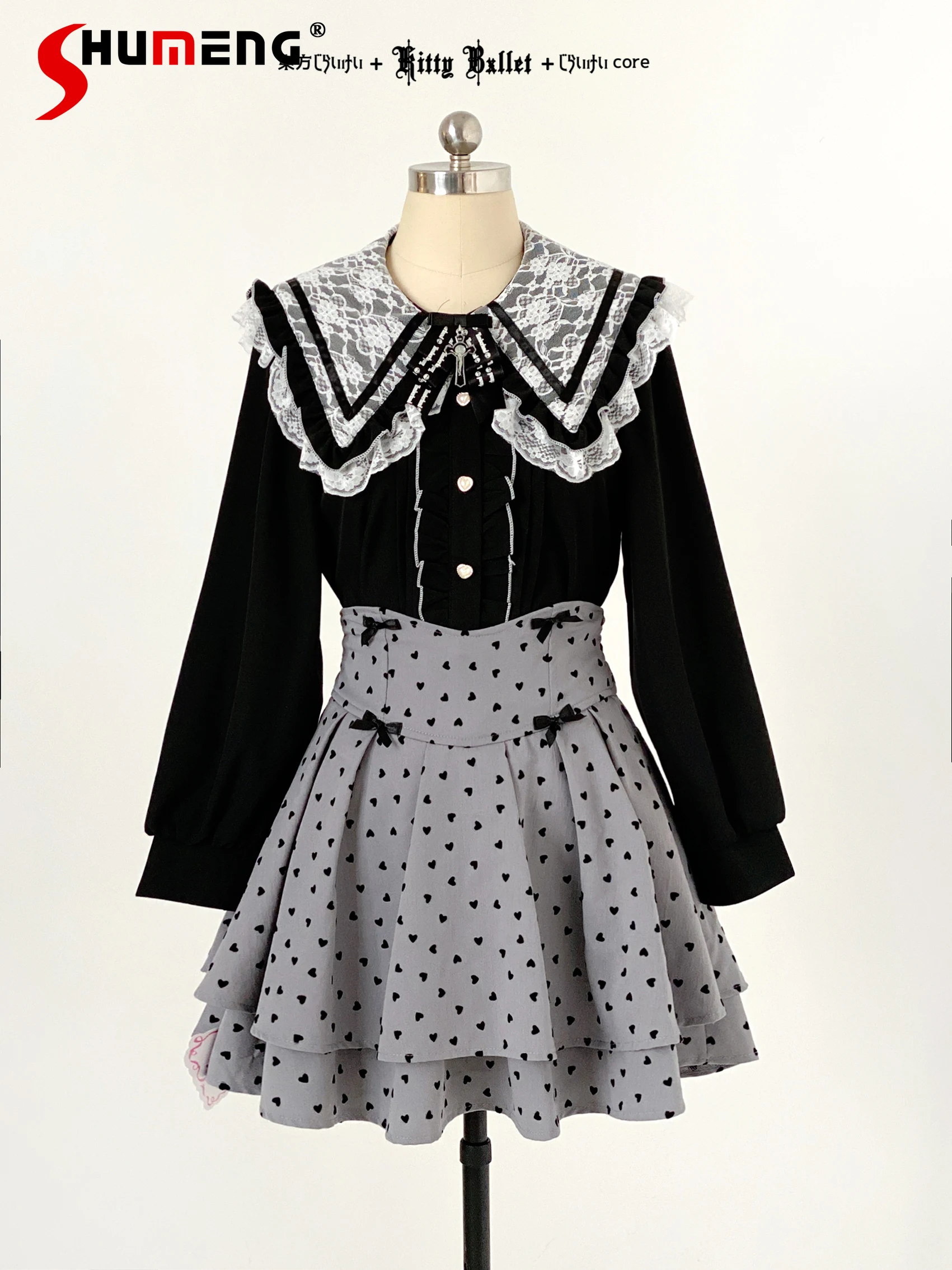 

Sweet Girl Lolita Y2K Skirts Original Japanese Mines Style High Waist Bow Double Layer Kawaii Dot Puffy Short Skirt for Women