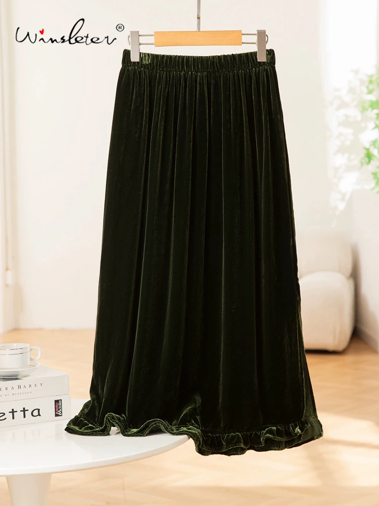 

Элегантные бархатные юбки из 100% натурального шелка Winsleter с эластичной резинкой на талии и оборками, женская юбка трапециевидной формы в стиле ретро, новинка осени 202, B5O872CC