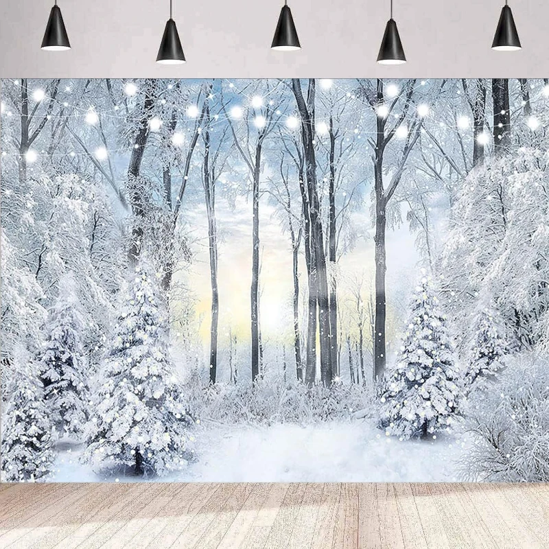 Photography Backdrop Winter Snowy Forest Snowflake Party Decor Photo Winter Snow Scene Landscape Natural Scenery Background Wall