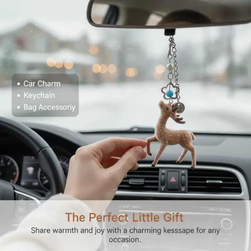 Cute Flocked 3D Deer Keychain Portable Bag Pendant Handmade Accessory for Phone Bag, Length 10cm, 1pc