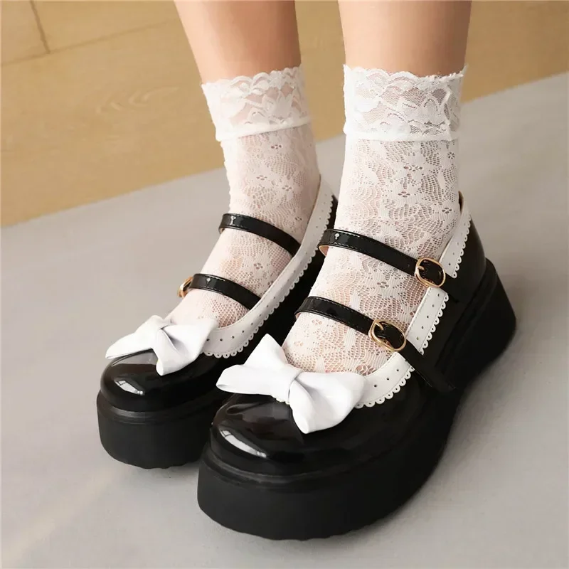 Dolce piattaforma Kawaii Mary Janes donna rosso nero in pelle verniciata tacchi spessi décolleté preppy giapponese papillon punta tonda scarpe Lolita