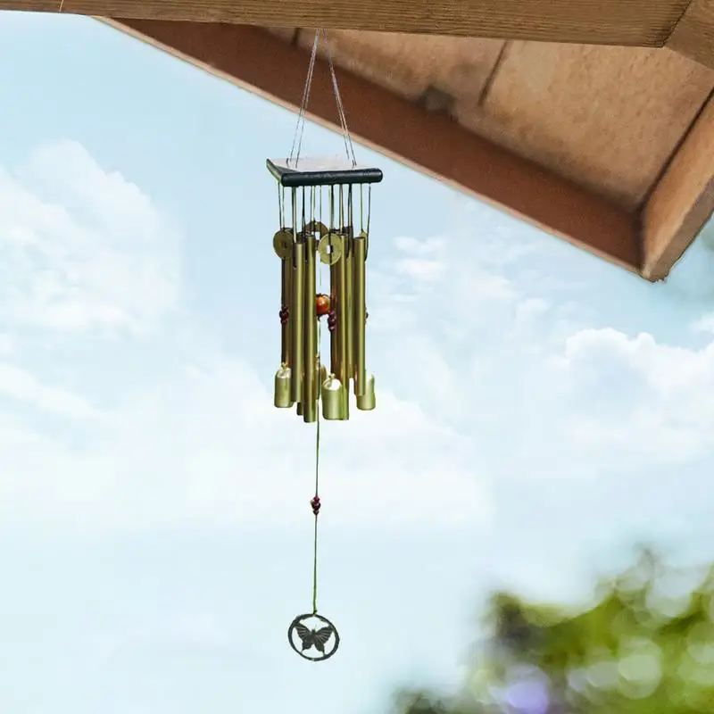 Wind Bell Chime Aluminum Tubes Wind Bells 26Inches Wooden Wind Chimes Deep Tone Melody Garden Decor Copper Butterfly Sympathy