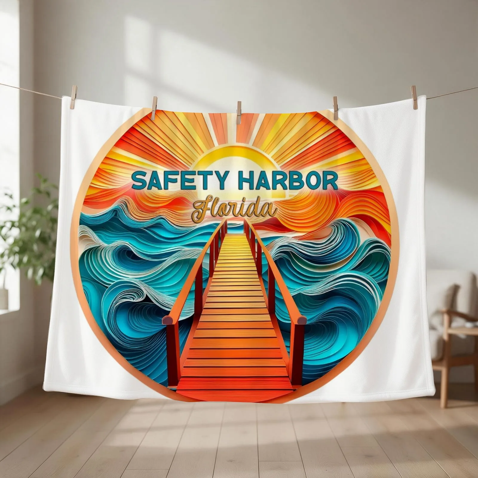 Safety Harbor Florida Retro Vintage Sunset Artwork Throw Blanket couch cozy soft plush fuzzy picnic outdoor blanket
