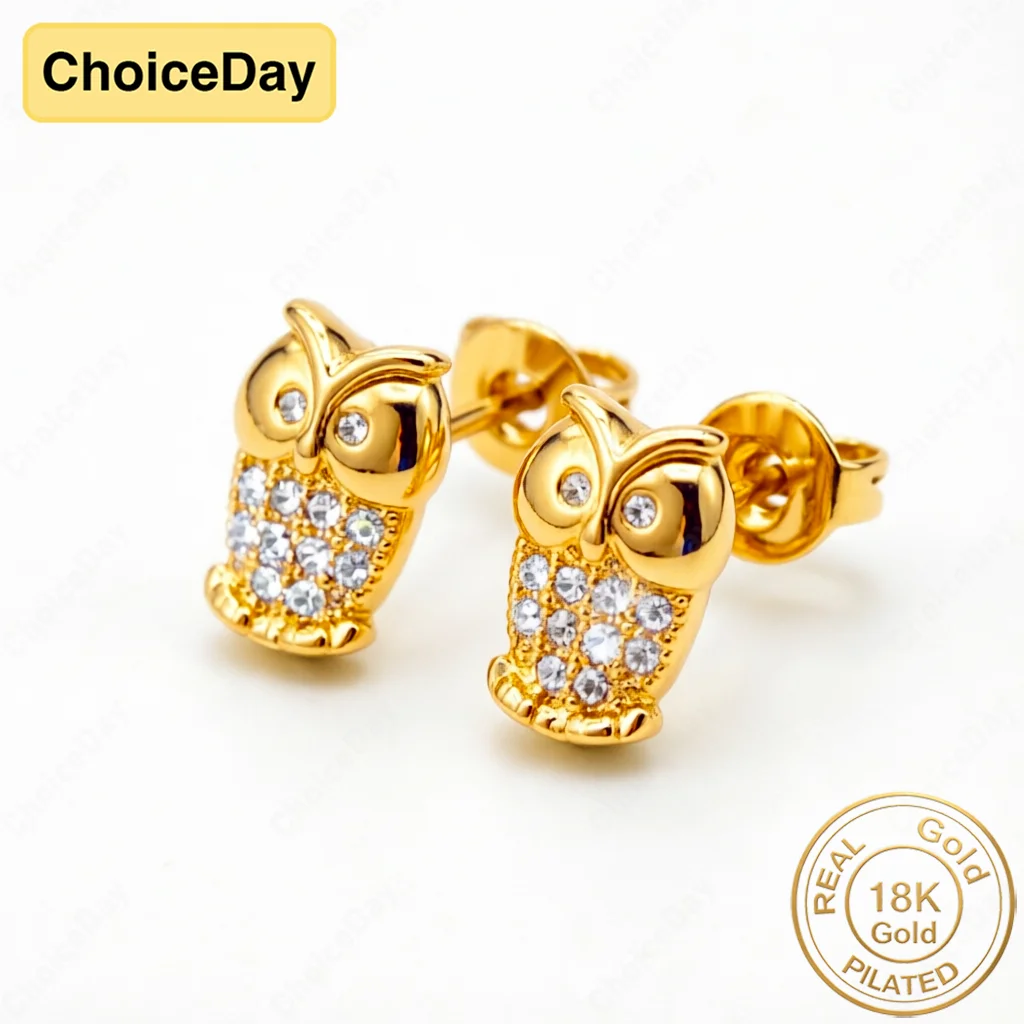 18K Gold-Plated Cute Owl Zircon Stud Earrings – Stylish Women's Wedding Accessories, Party Gifts, and Jewelry