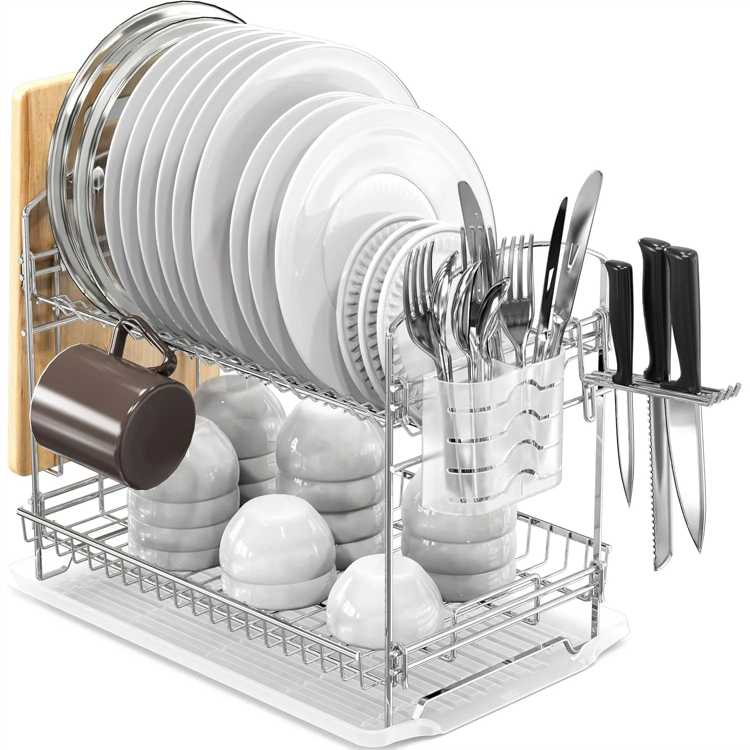 

2-Tier Stainless Steel Dish Rack With Drainboard And Cutlery Bucket For Kitchen Counter