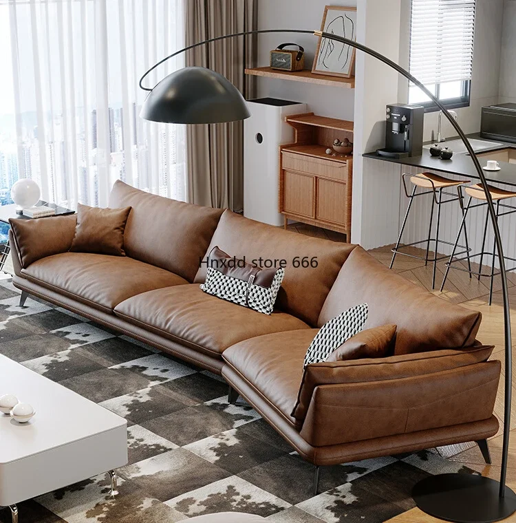 Modern simple first-layer cowhide straight-row caramel-colored sofa