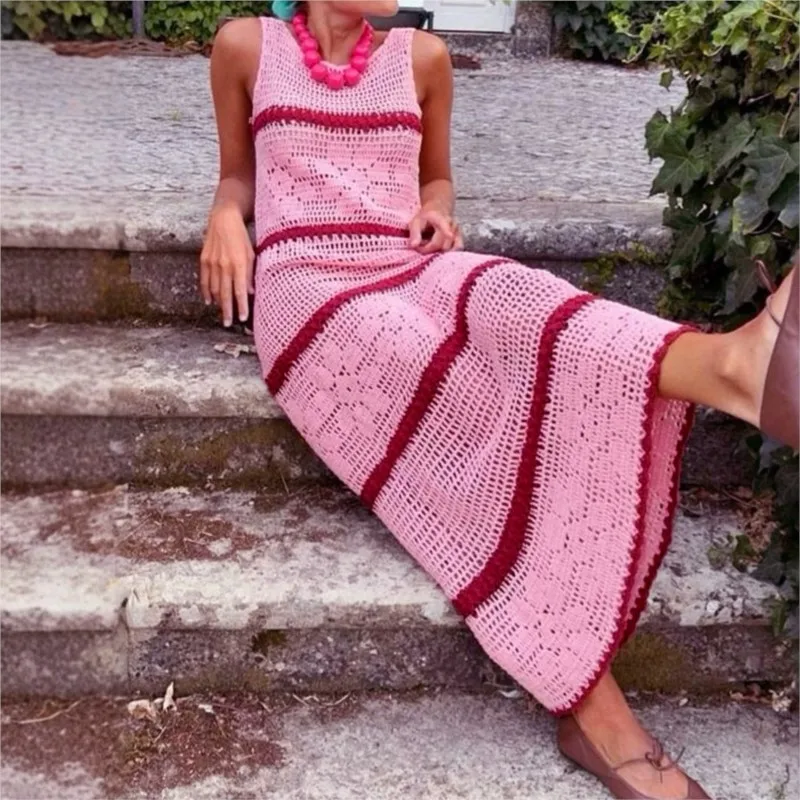 

Casual Stripe Patchwork Elastic Knit Dress O-neck Crochet Long Dresses For Women 2025 Sexy Beach Vacation New Slim Vestidos