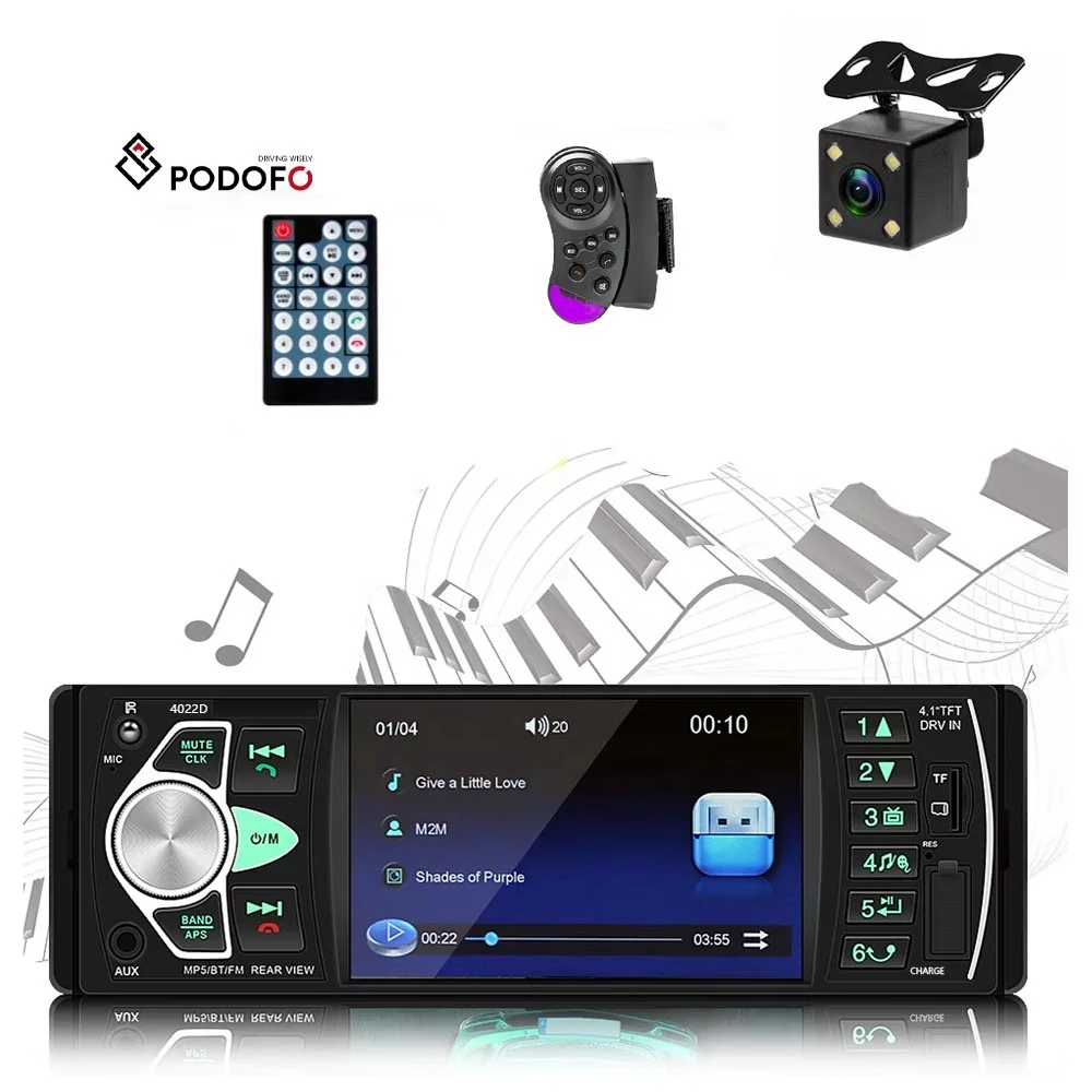 Podofo 4.1' 1 Din Автомобильный радиоприемник MP5 4022D BT USB AUX TF Слот для карты Рулевое колесо Пульт дистанционного управления + Задняя часть кафе ЕС Склад!