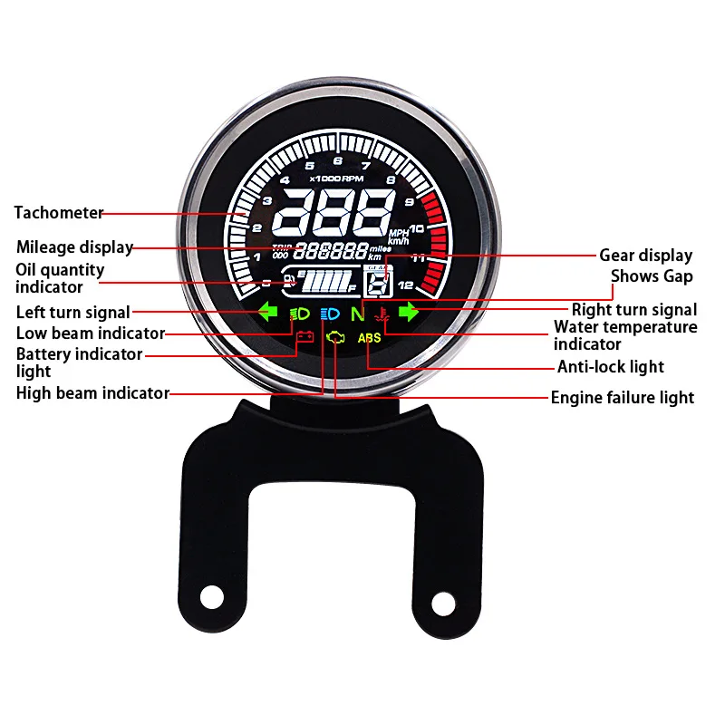 Motorcycle Multi-functional Gauges Instruments Digital Odometer Tachometer Fuel Level Speed Meter Indicator  12000 RPM